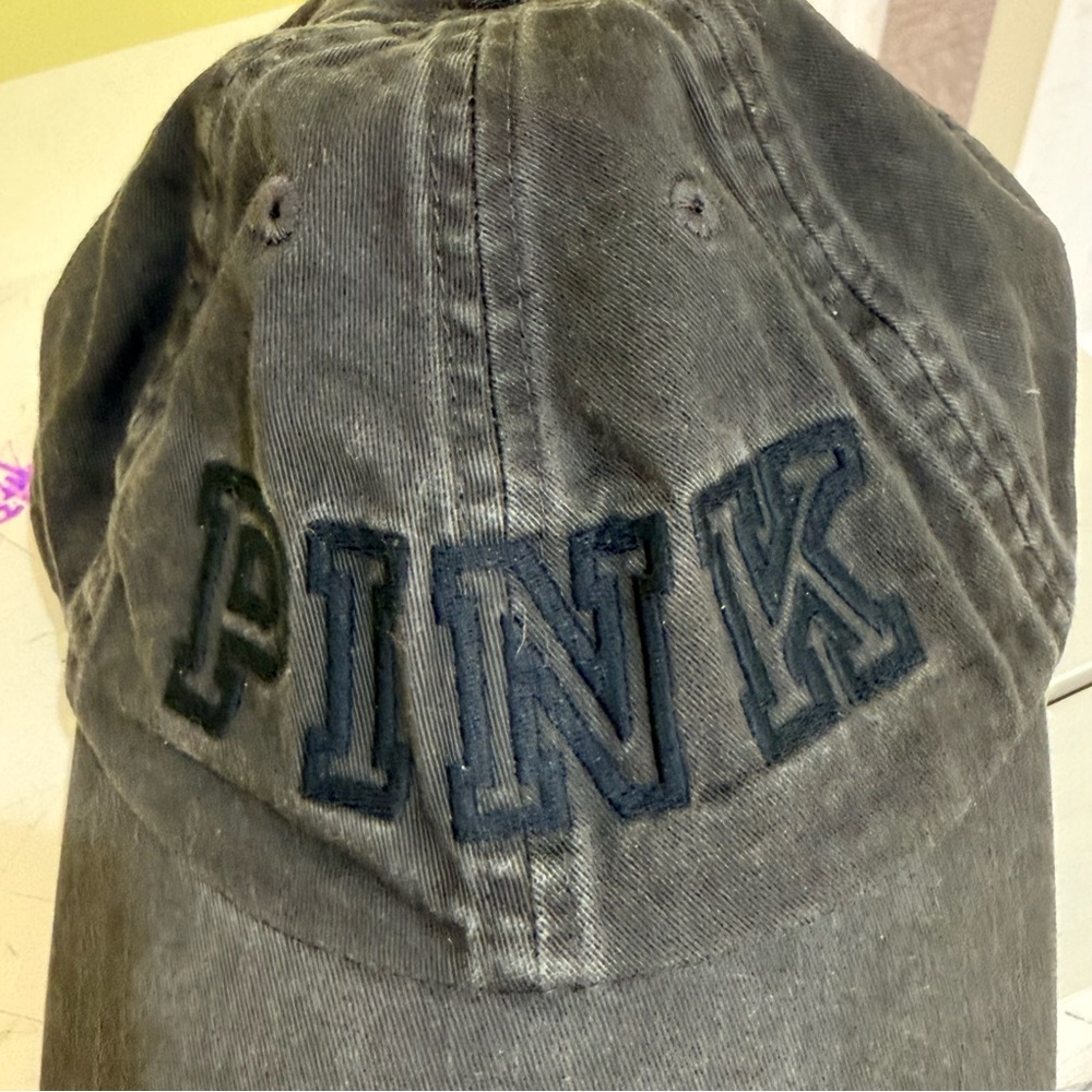 PINK Victoria’s Secret Black Charcoal Distressed Logo Baseball Cap One Size - Picture 3 of 7